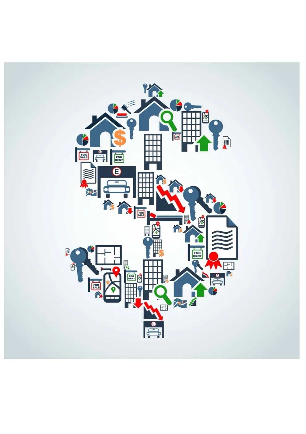 A dollar sign made of small icons of houses, keys, charts and documents.